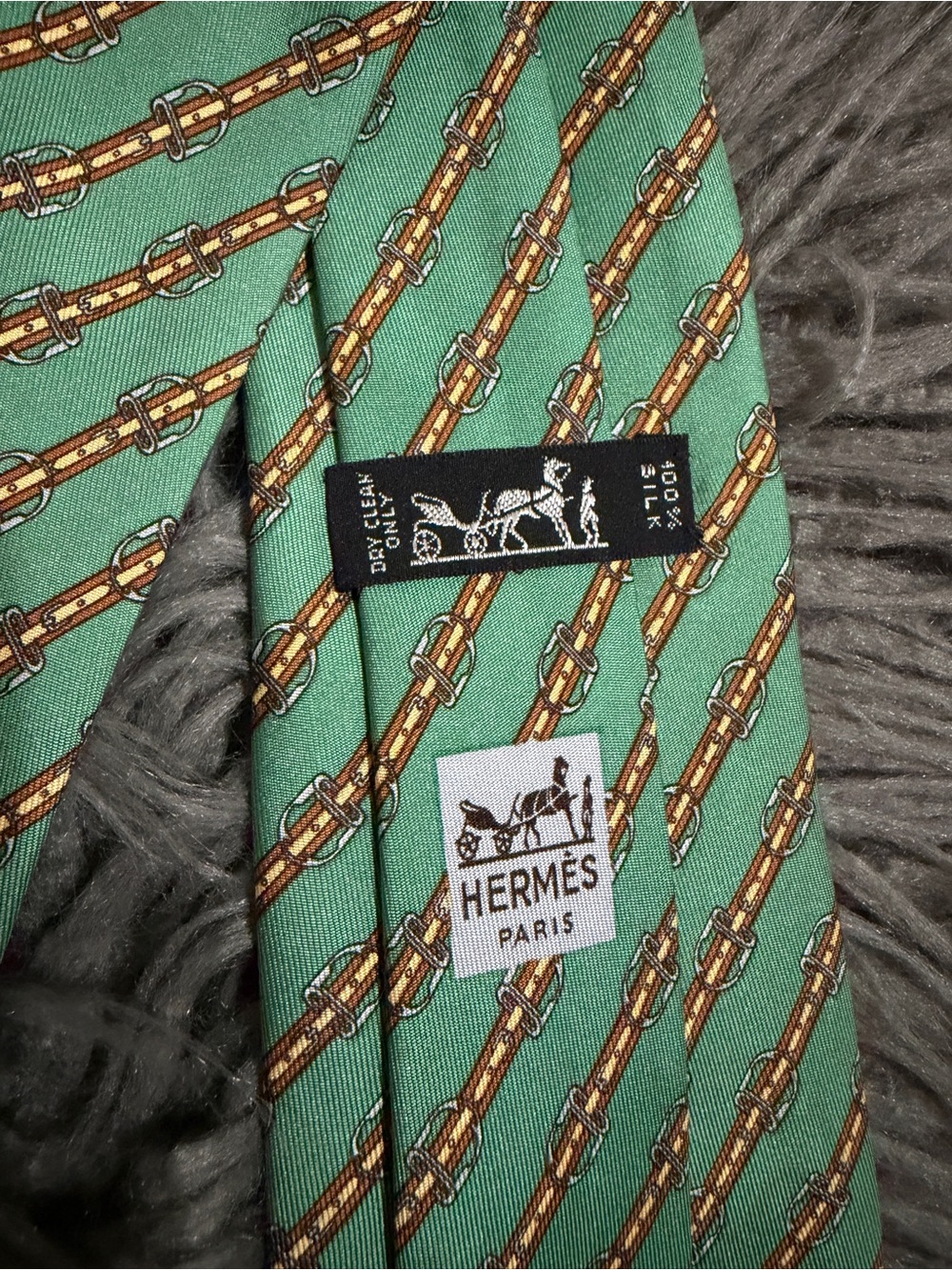 Hermes Men's Green Silk Tie with Equestrian Bit Pattern